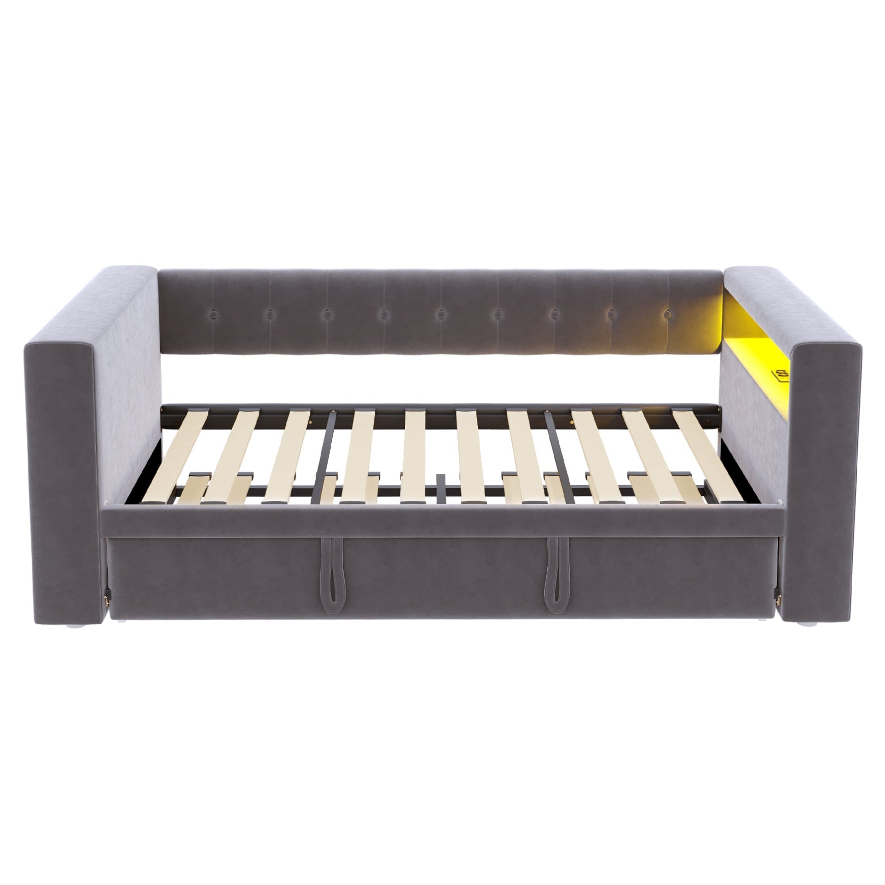 Upholstered Bed 90/180x190cm, LED Lighting, Sockets, Storage, Dark Grey