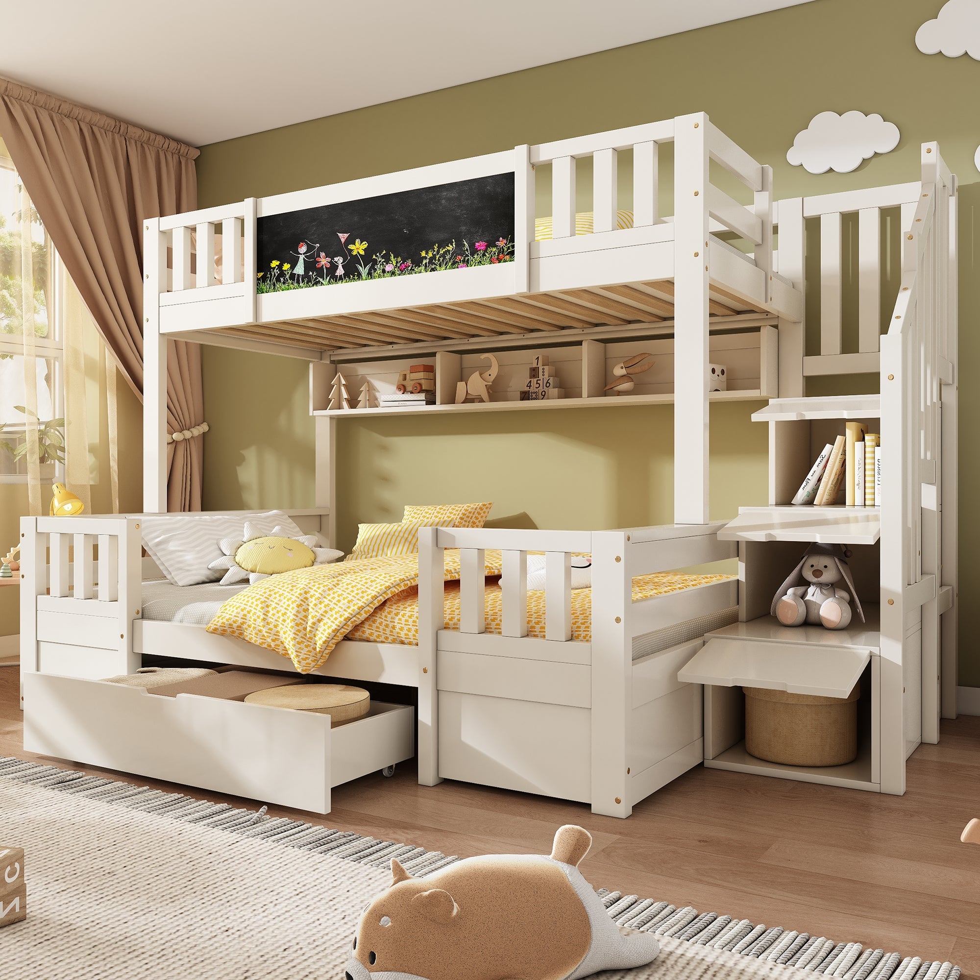 Bunk Bed for 3 Children with Chalkboard, Storage Stairs and Drawers, White Solid Wood