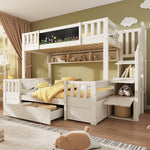 Bunk Bed for 3 Children with Chalkboard, Storage Stairs and Drawers, White Solid Wood