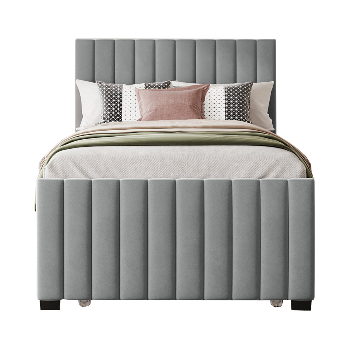 Upholstered Single Bed 90x190cm with Pull-Out Bed, Grey Velvet