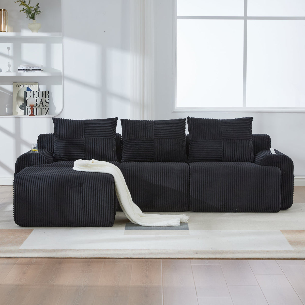 3-Seater Modular Sofa with Ottomans, Cup Holders and Storage, Black Corduroy
