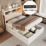 Bed Frame 90 x 200, Hydraulic Lift, USB, Upholstered Headboard, White
