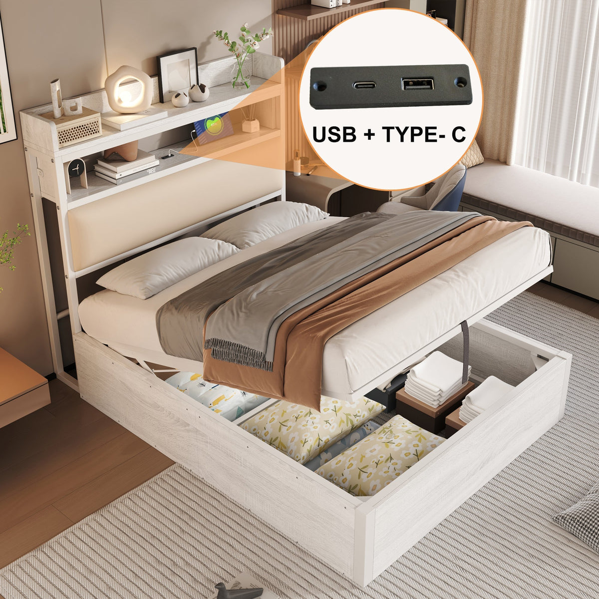 Bed Frame 90 x 200, Hydraulic Lift, USB, Upholstered Headboard, White