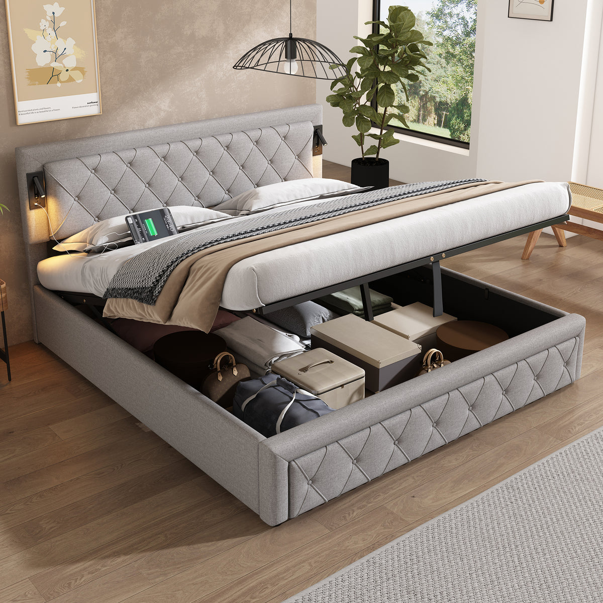 Upholstered Storage Bed 180x200 with USB & LED, Grey Linen