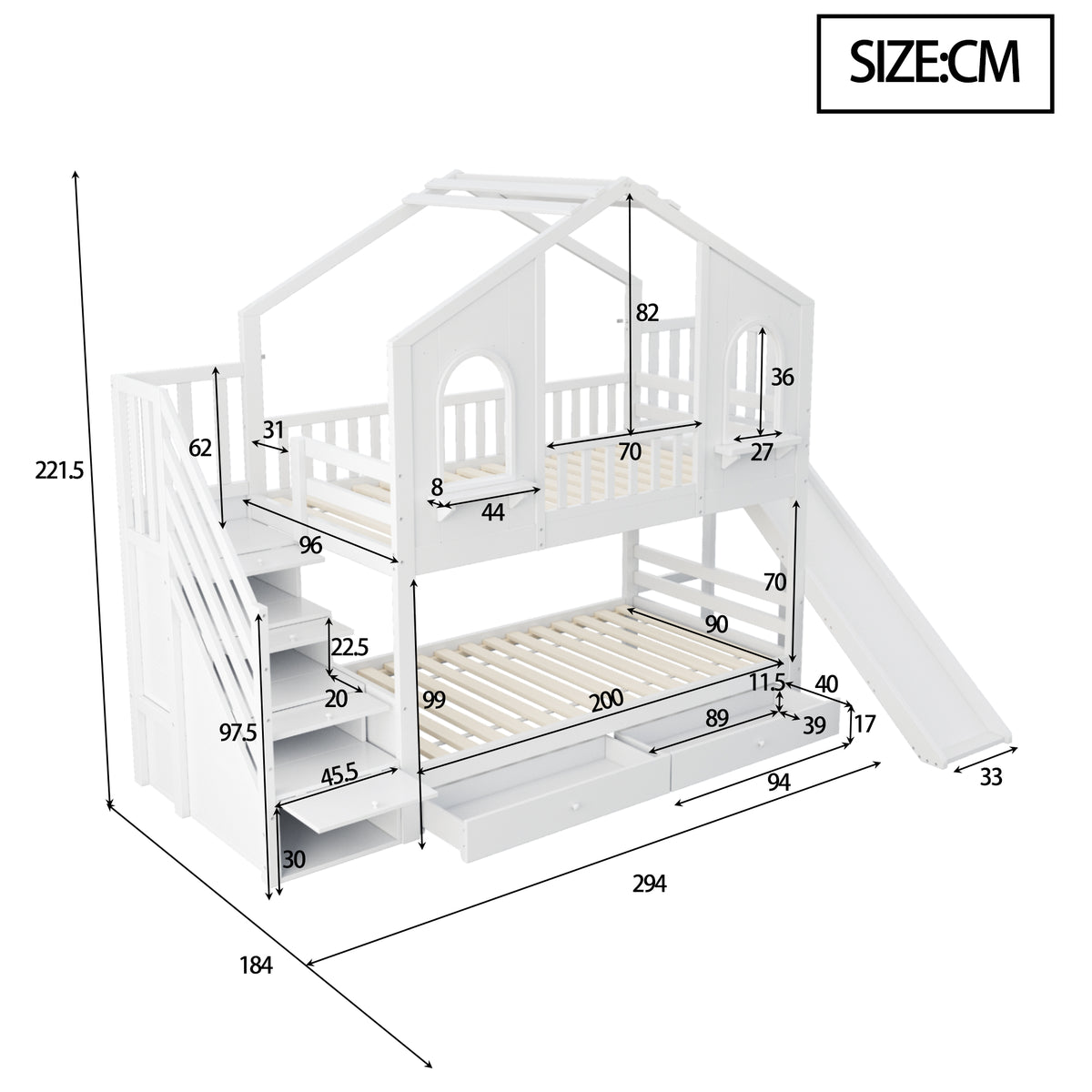 Children's Bunk Bed 90x200 House Shape with Ladder & Slide, White