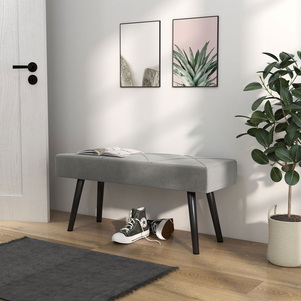 Upholstered Bench - Velvet Look, X-Pattern, 100x36x45 cm - Grey