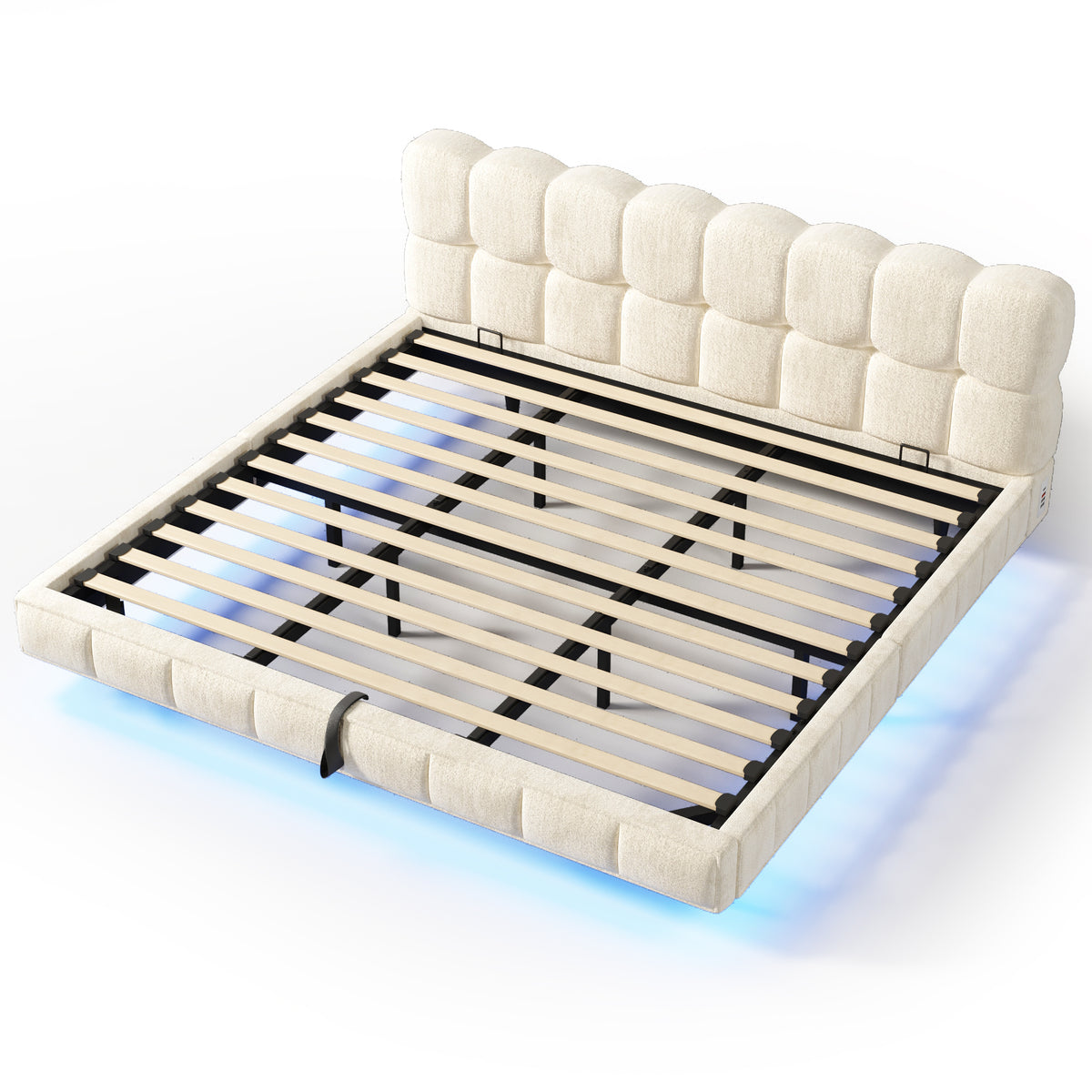 Upholstered Double Bed 180x200cm Storage LED, Beige Chenille
