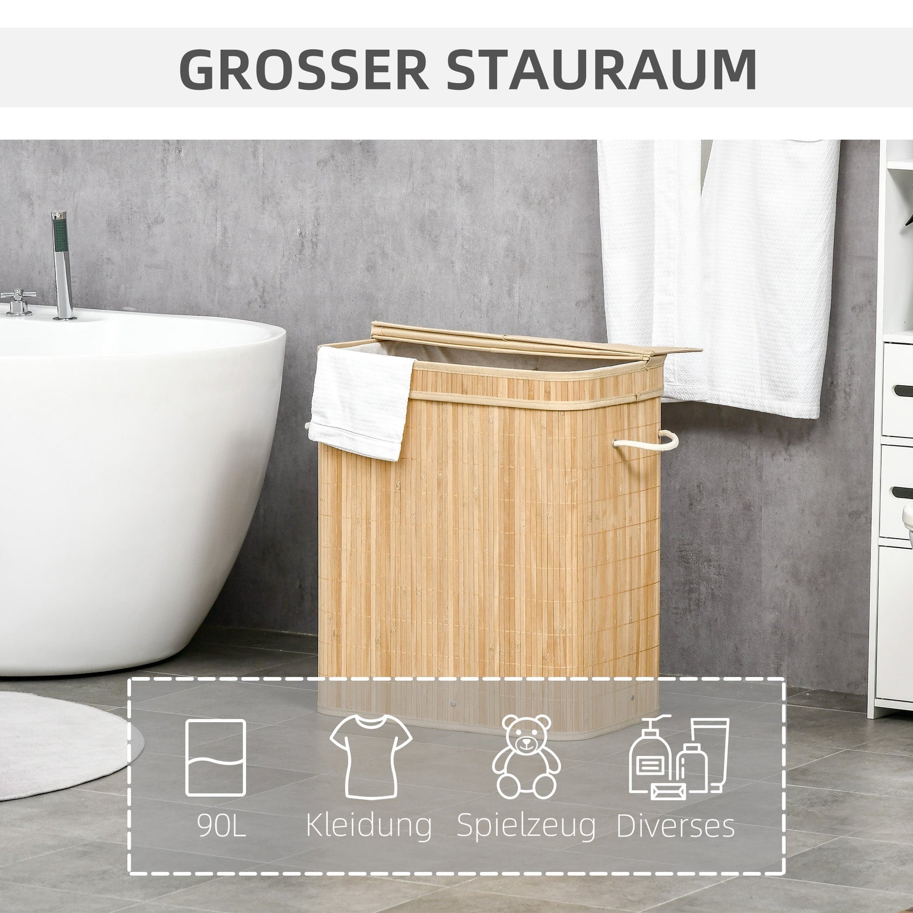 Bamboo laundry basket with lid and handles 90 liter 2 sections with removable fabric bag