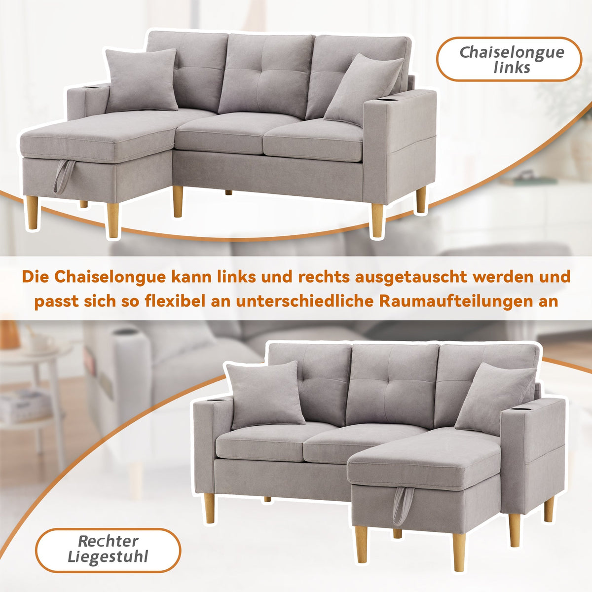 L-Shaped Sofa, 3-Seater with Chaise, Storage, Cup Holder, 2 Pillows