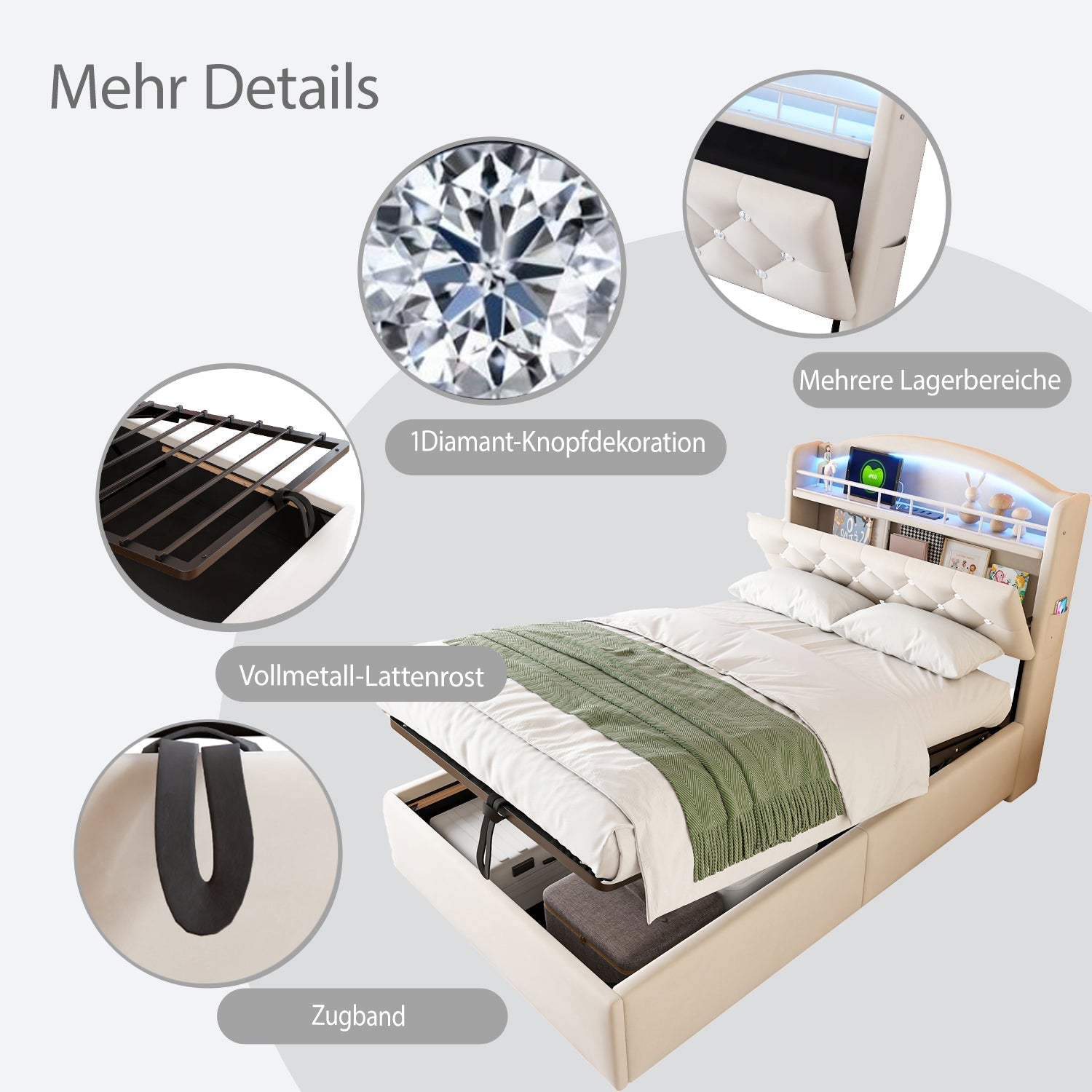 Children's Upholstered Bed 90x200, Multifunctional with Storage, LED & USB, Velvet Beige