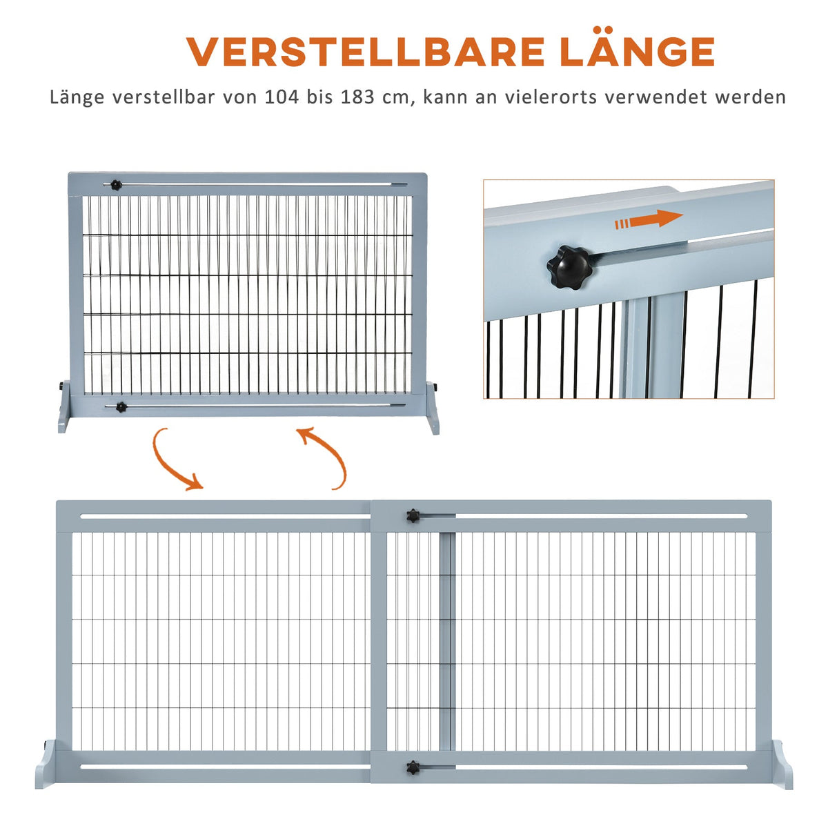 Wooden Dog Gate, Extendable Freestanding 104-183cm Grey