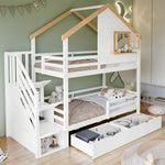 Bunk Bed with Storage Stairs, House Design 90x200cm, Pine/MDF White/Natural