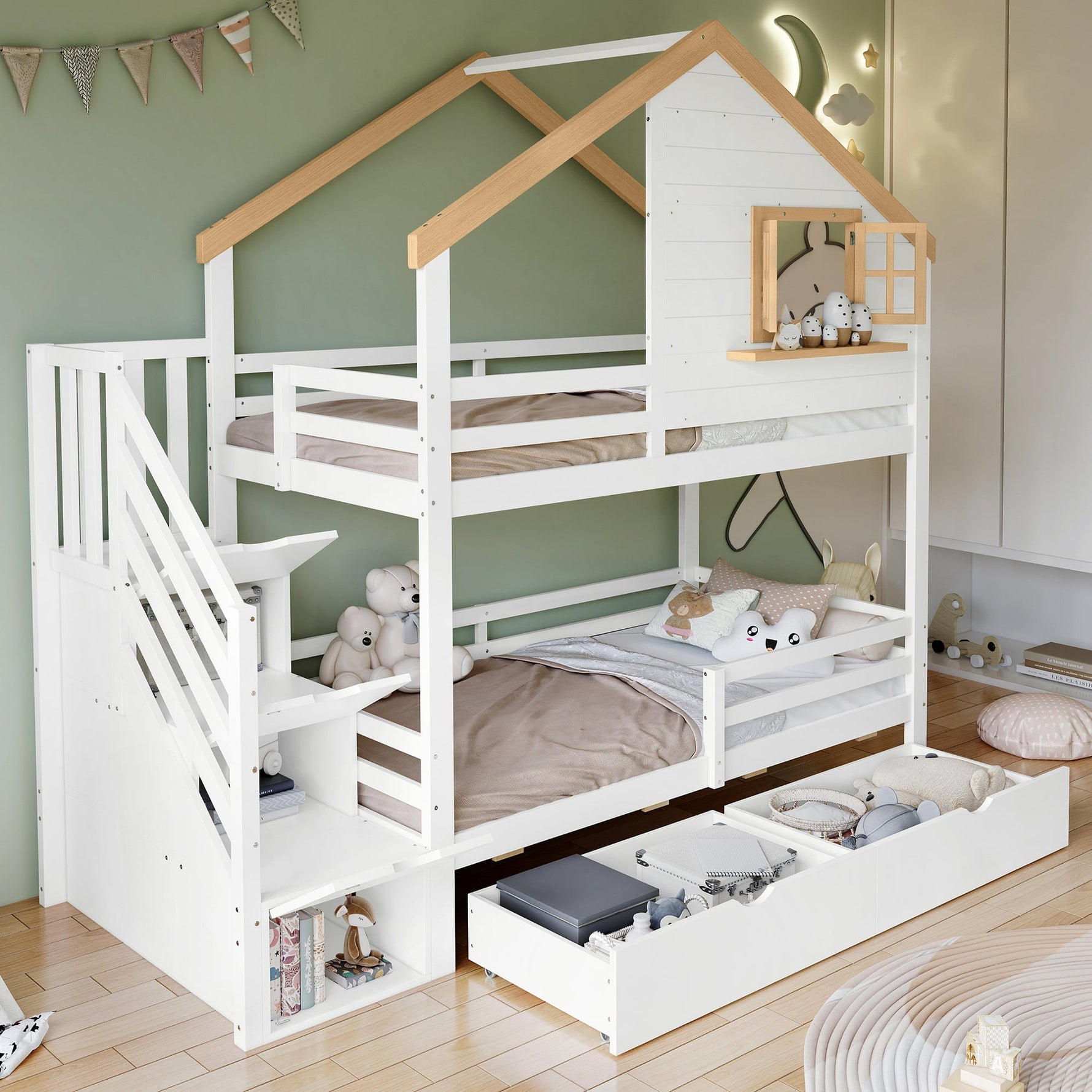Bunk Bed with Storage Stairs, House Design 90x200cm, Pine/MDF White/Natural