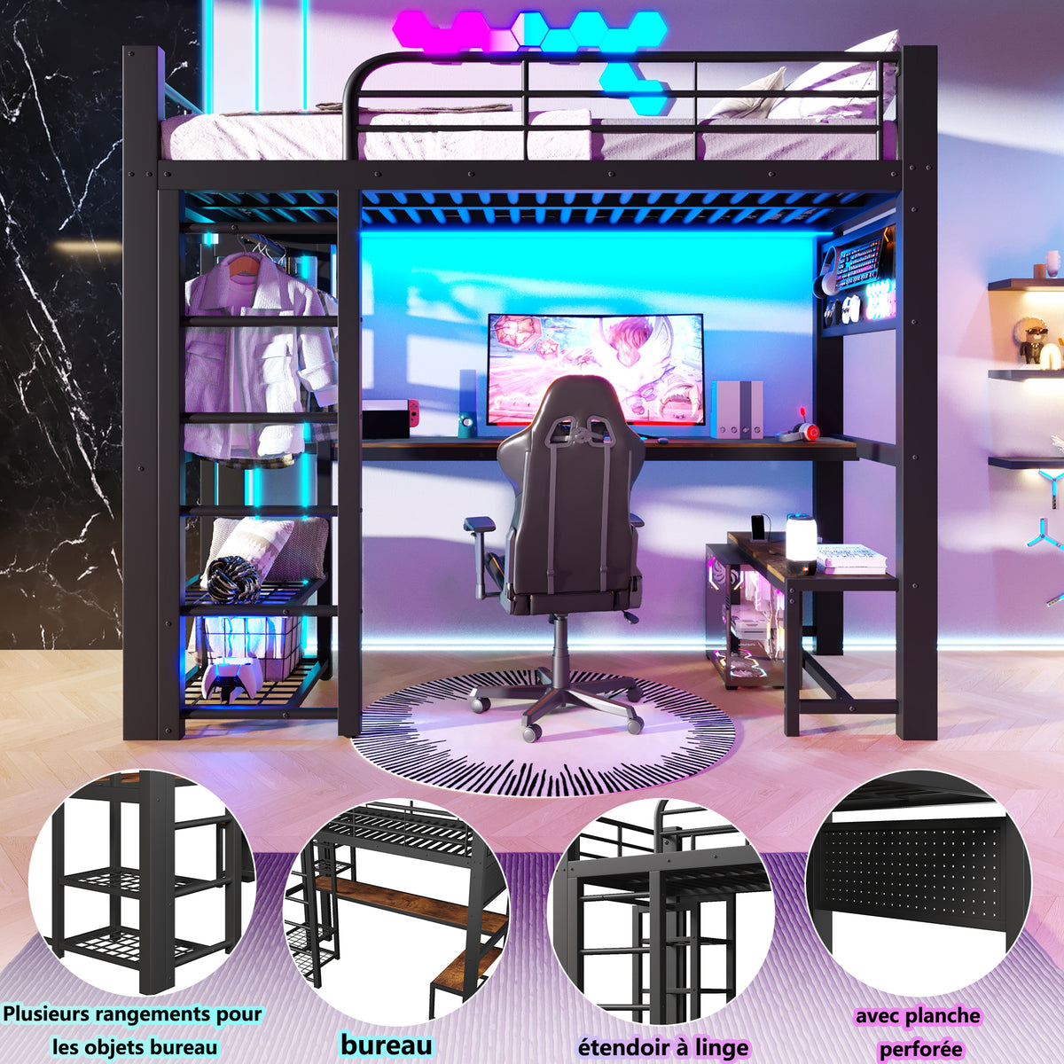 Loft Bed 90x200cm with LED Light & Desk - Black Metal