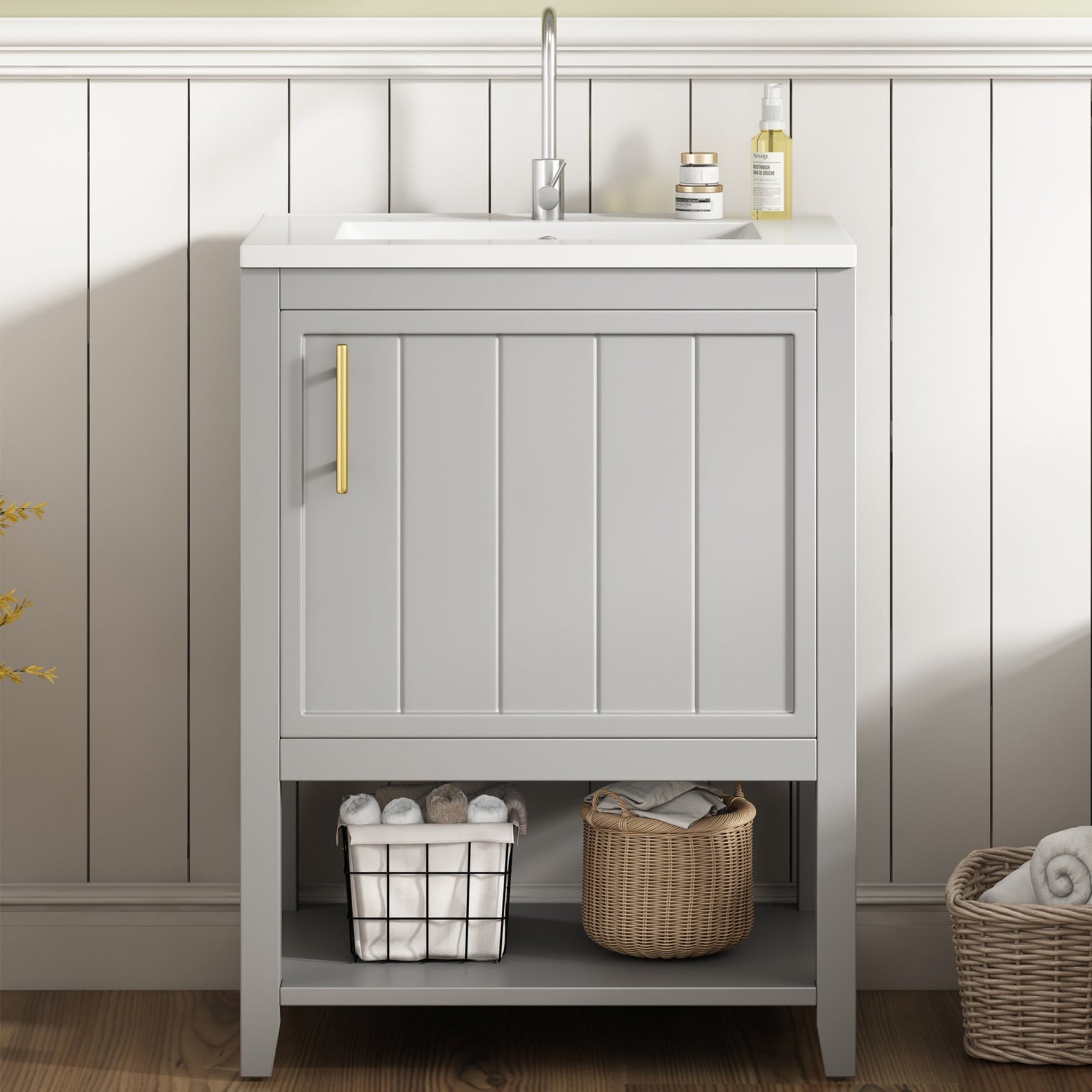 Bathroom Furniture Single Washbasin 60 cm Vanity Unit Ceramic Washbasin, Light Grey