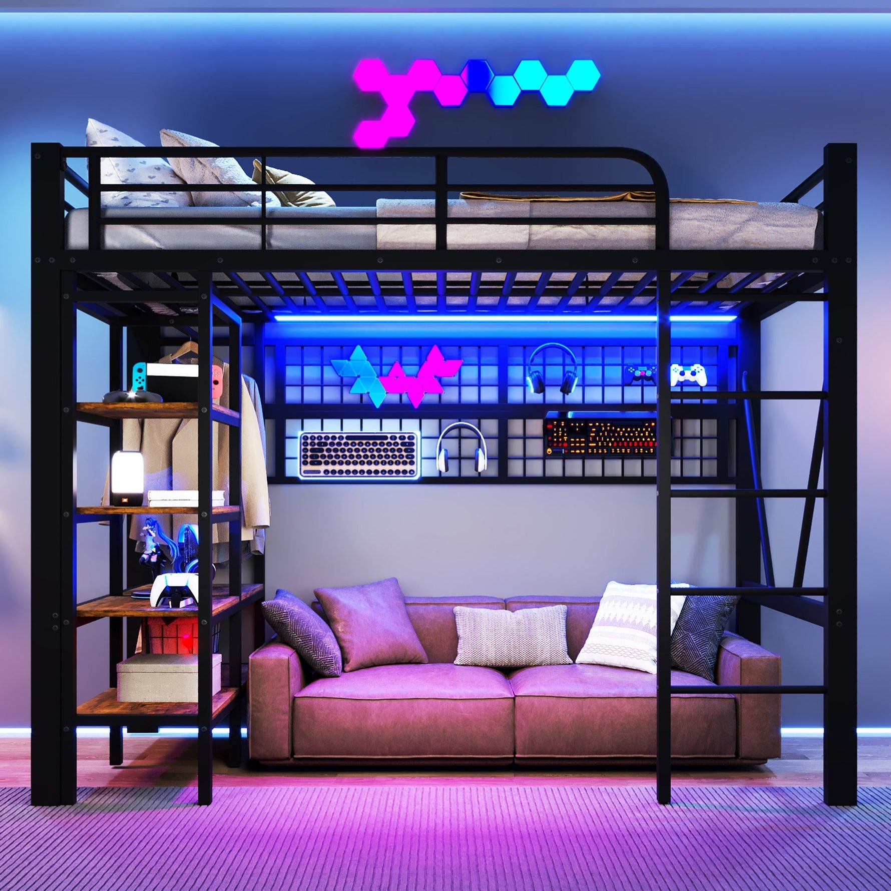 Loft Bed with Storage Shelves, Clothes Rail and LED Light Strip, Black Metal