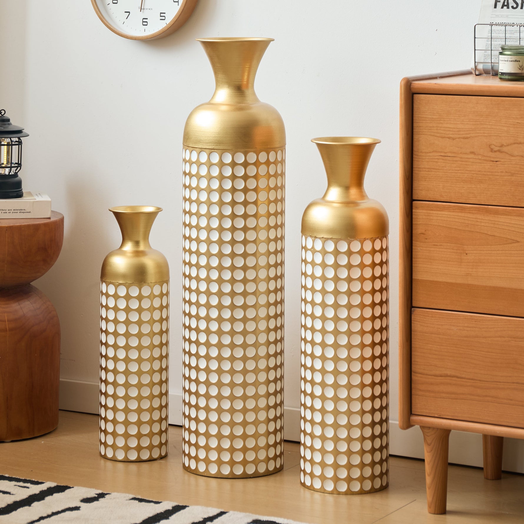 Floor Vase Set, 3 High Retro Vases 83/65/50cm, Decorative Metal Antique Gold