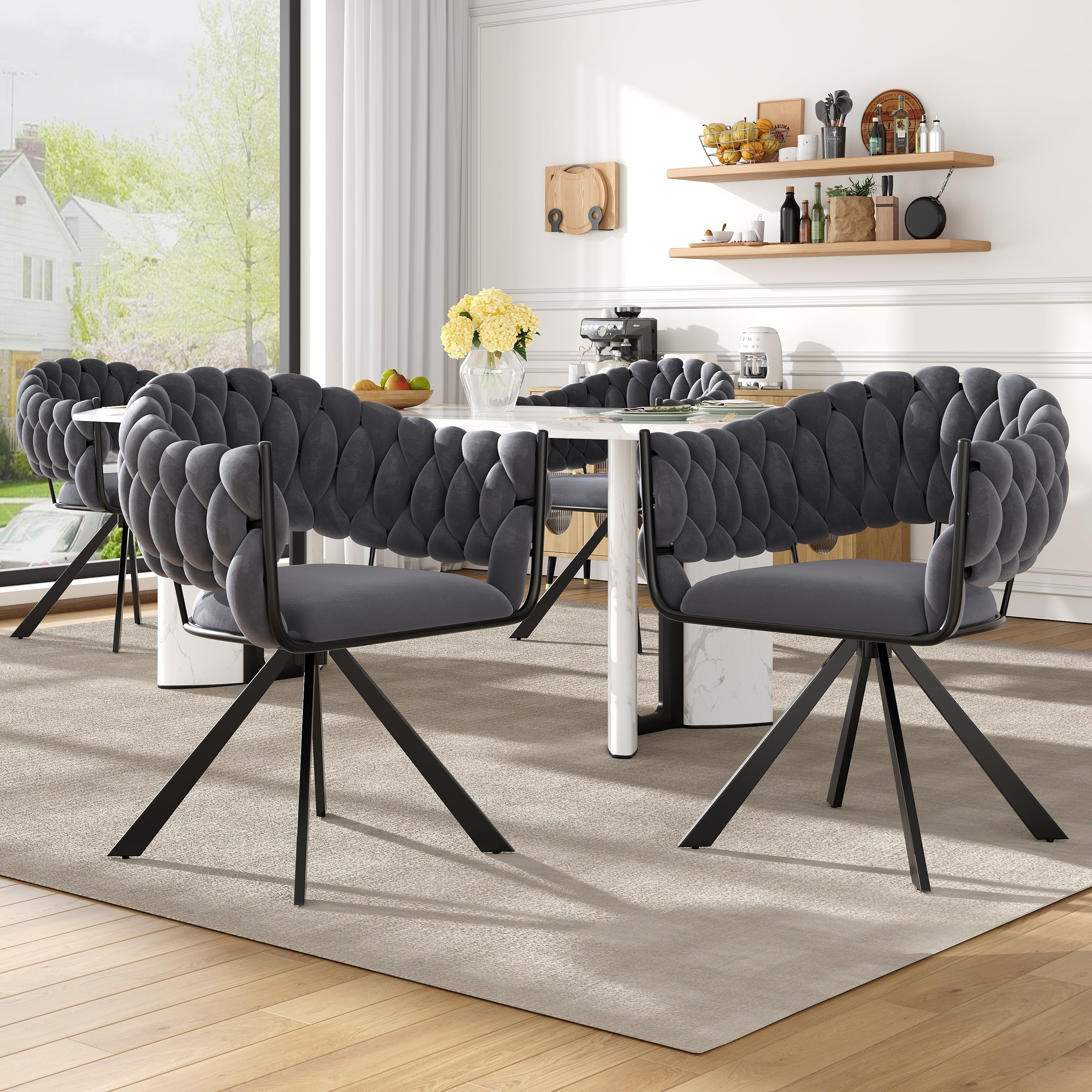 Dining Chair Set of 4, Modern Velvet Ergonomic Vanity Metal Legs, Grey