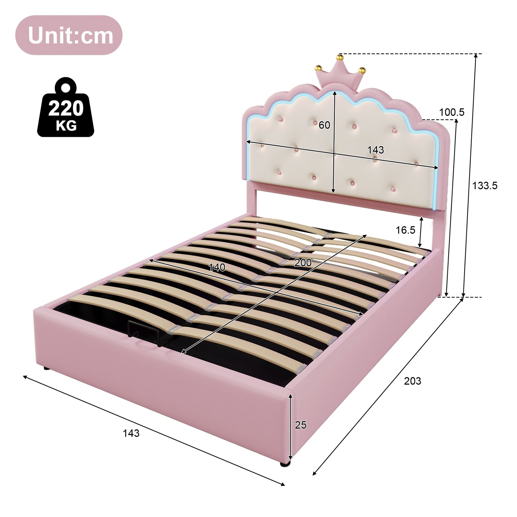 Upholstered Bed with LED Lighting and Hydraulic Storage, 140 x 200 cm, Pink PU