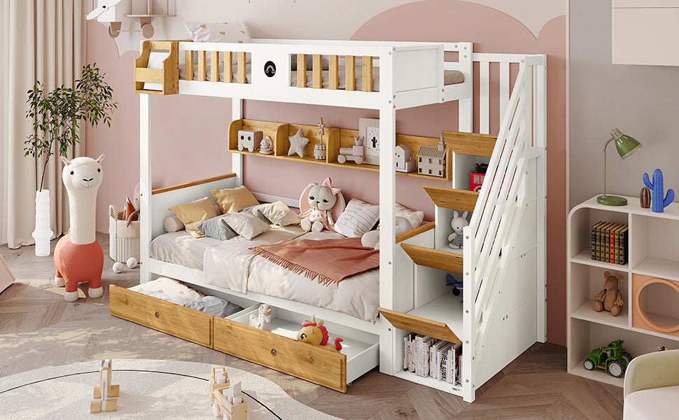 Bunk Bed 90x200cm Storage Stairs Drawers Pine/MDF White+Natural