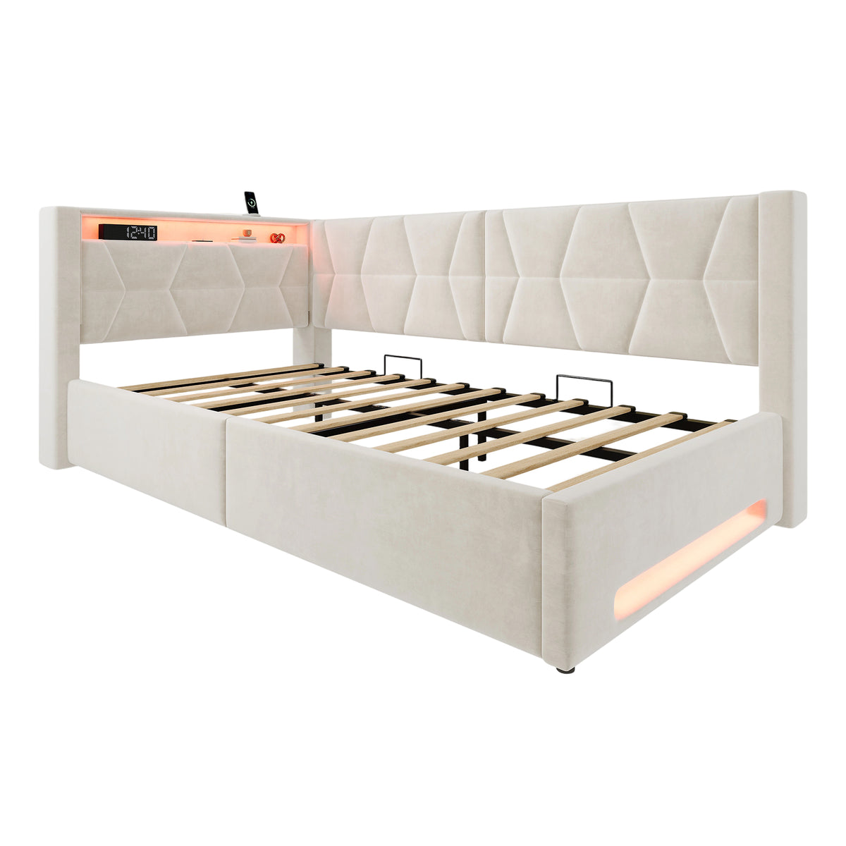 Upholstered Bed 90x200 with Storage & LED Lighting, Beige Velvet
