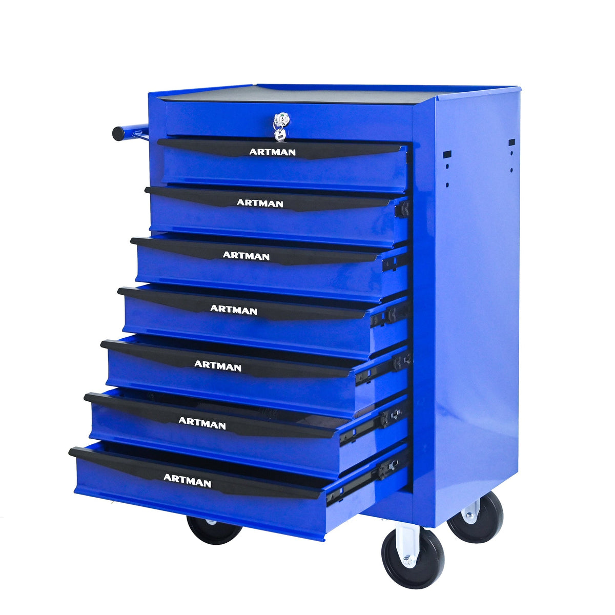 Rolling Tool Cabinet with 7 Drawers, Ball Bearing Slides, Steel Black & Blue