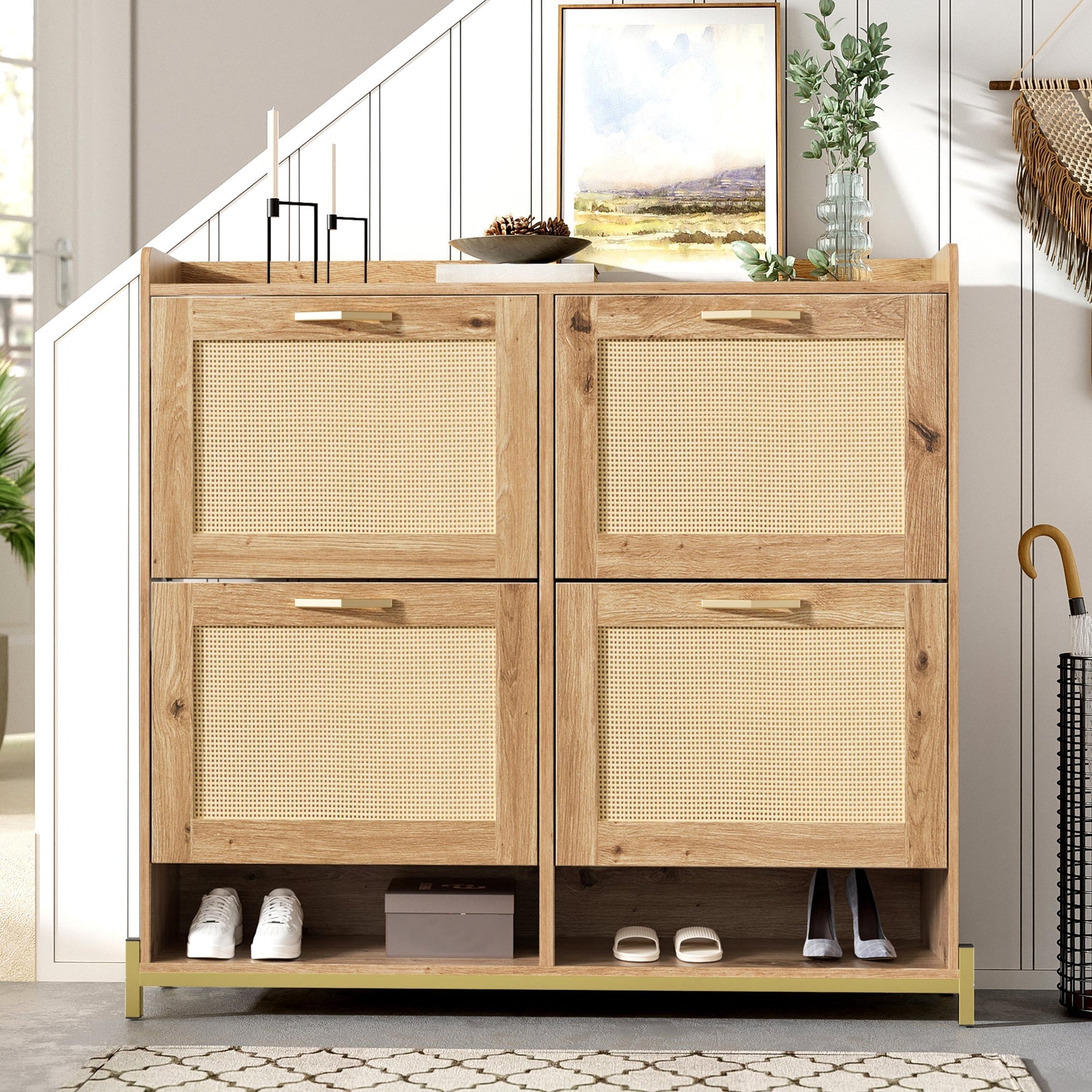 Elegant Shoe Cabinet 4 Doors Metal Frame Top Shelf Wooden Rattan