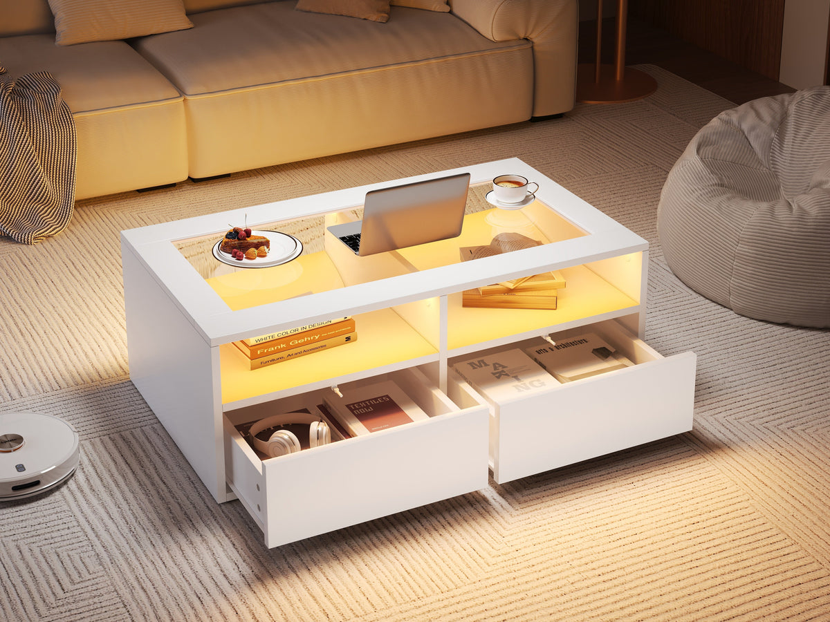 Coffee Table with LED Light and 2 Drawers, Glass and White