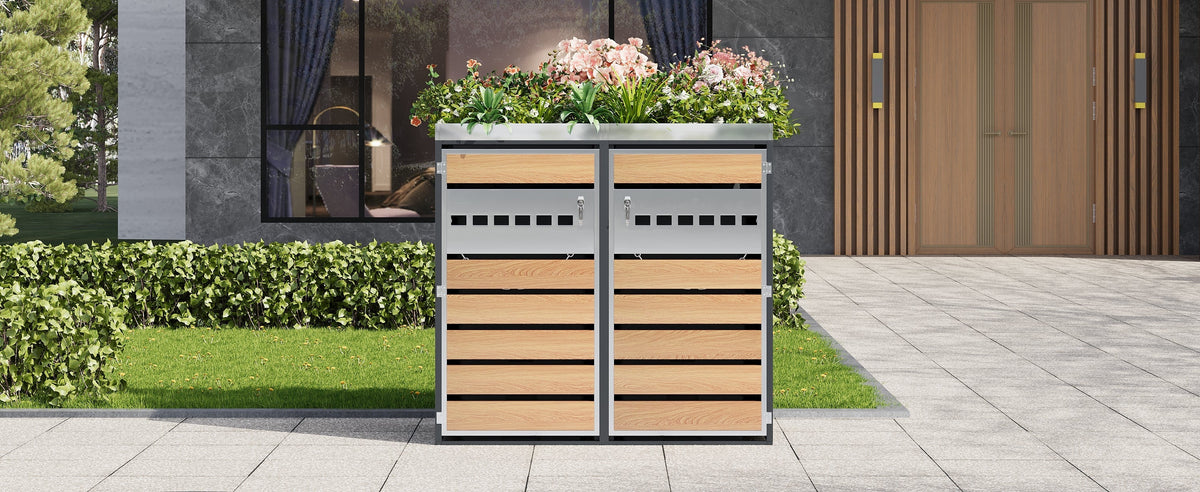 Trash Can Storage Box with Lockable Two Doors and Planting Area, Ventilation, Steel
