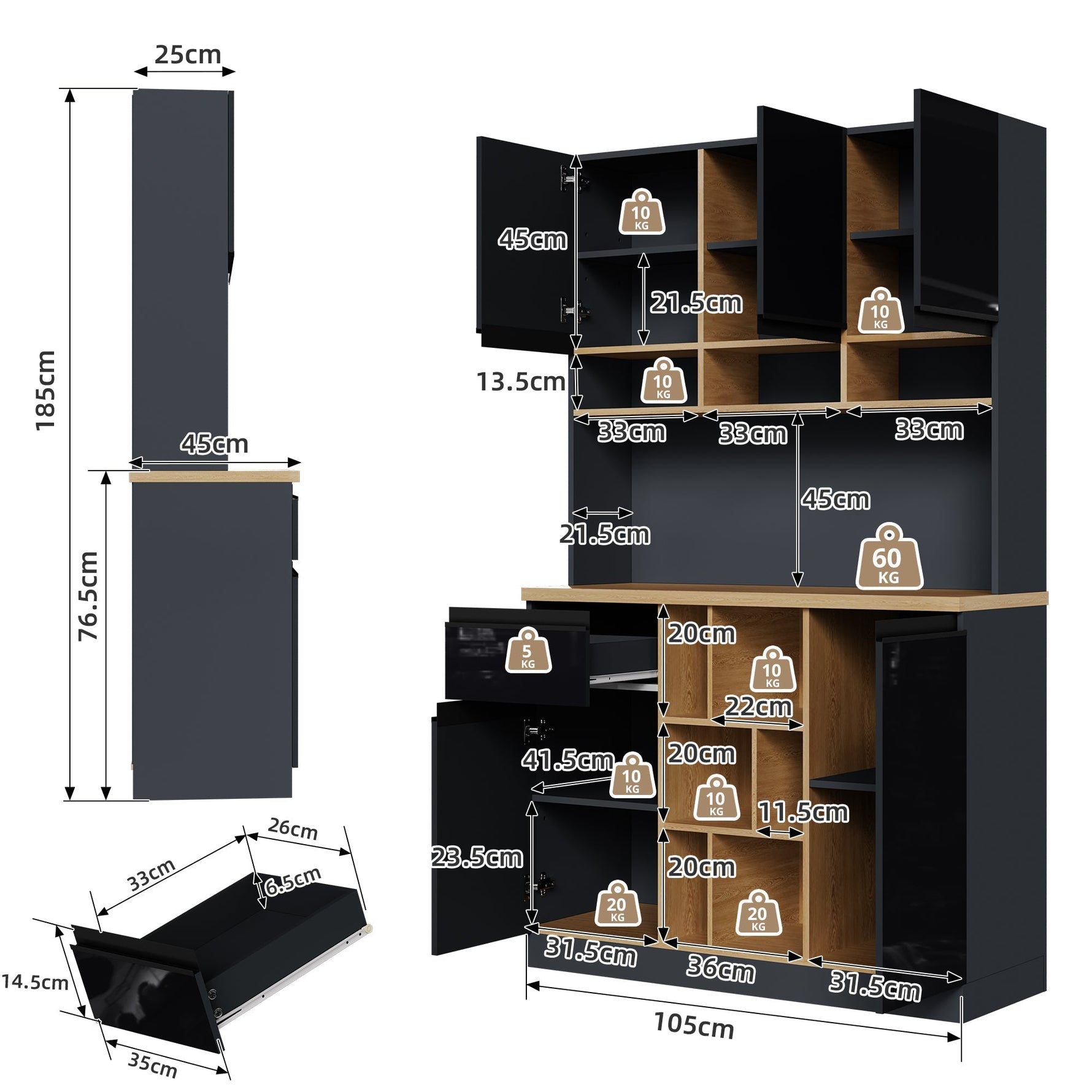 Modern Buffet Sideboard 105x185cm Adjustable Shelves Drawers - Grey/Black