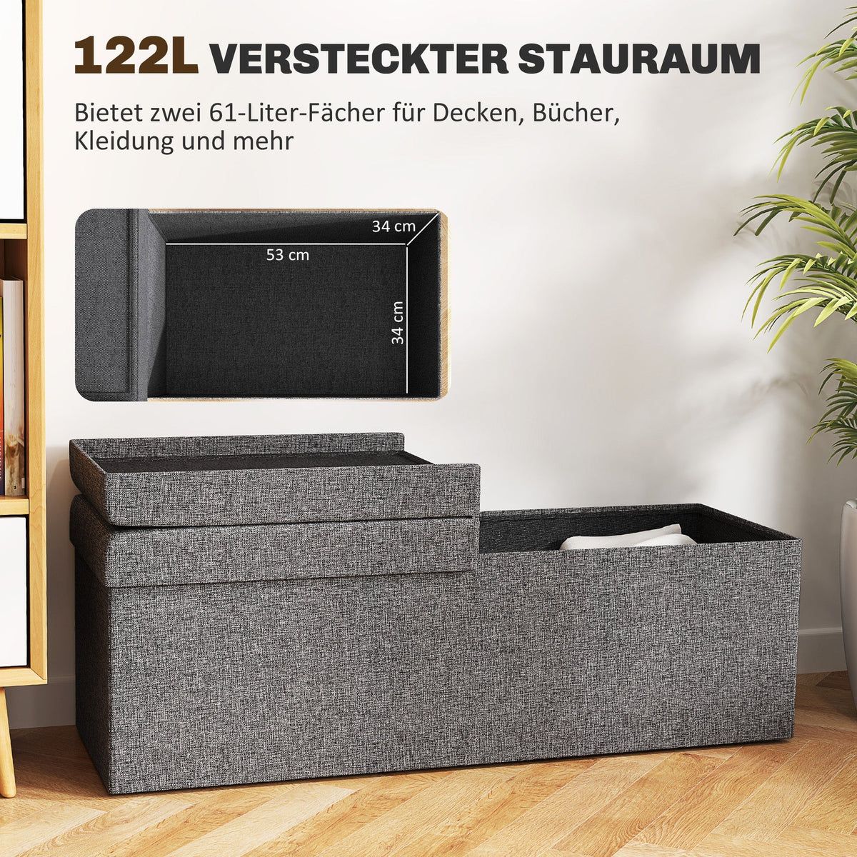 Folding Storage Bench, Separate Containers, Linen-Look, Dark Gray