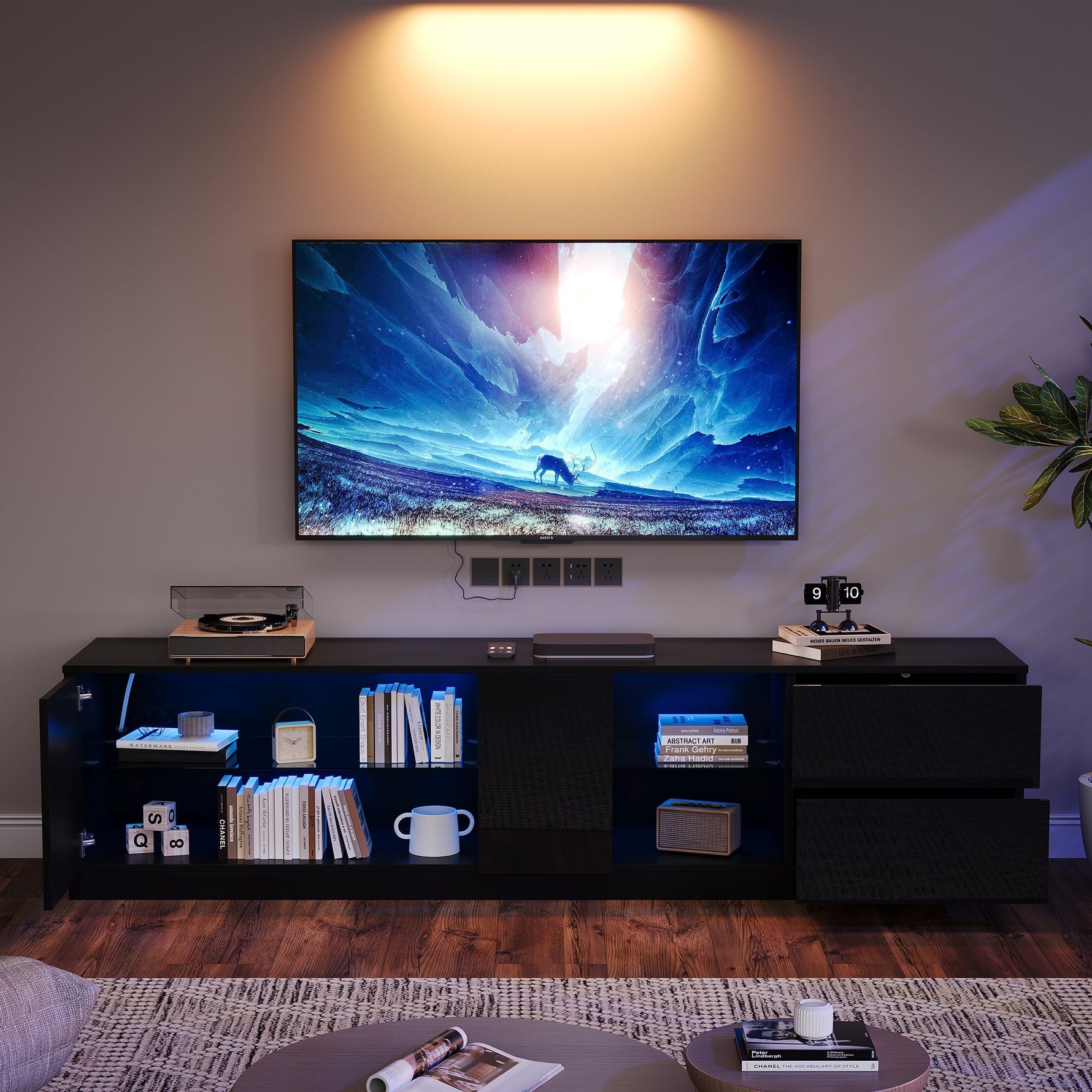 Lowboard TV Stand High-Gloss with LED Lighting 160cm for 65" TV Black