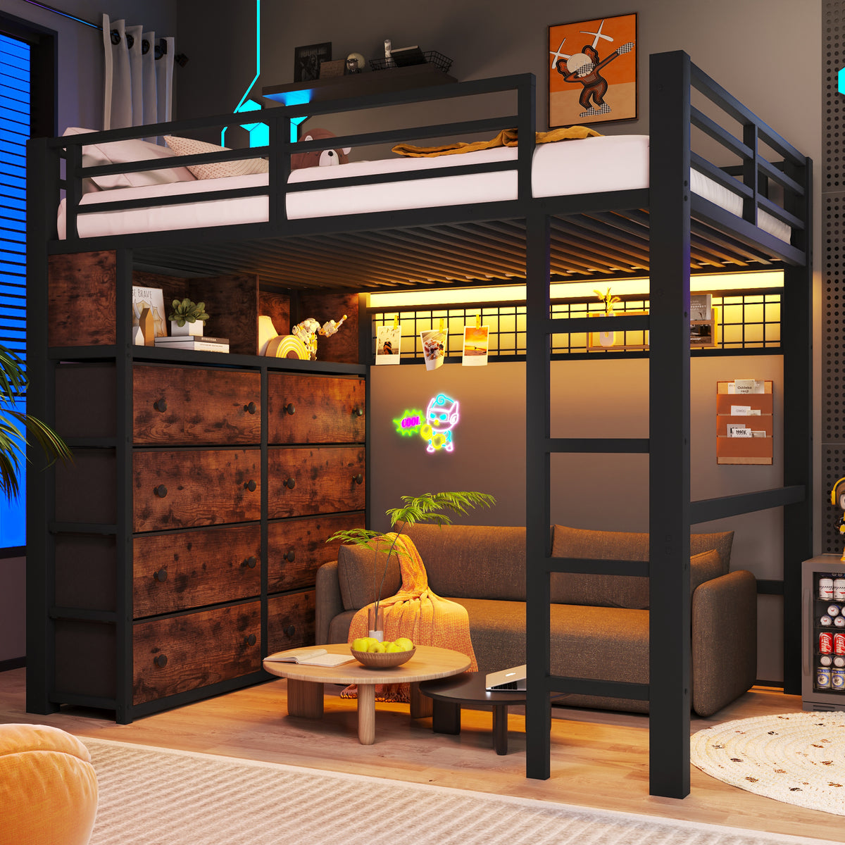Loft Bed 140x200cm with 8 Drawers & LED Lighting, Black Metal
