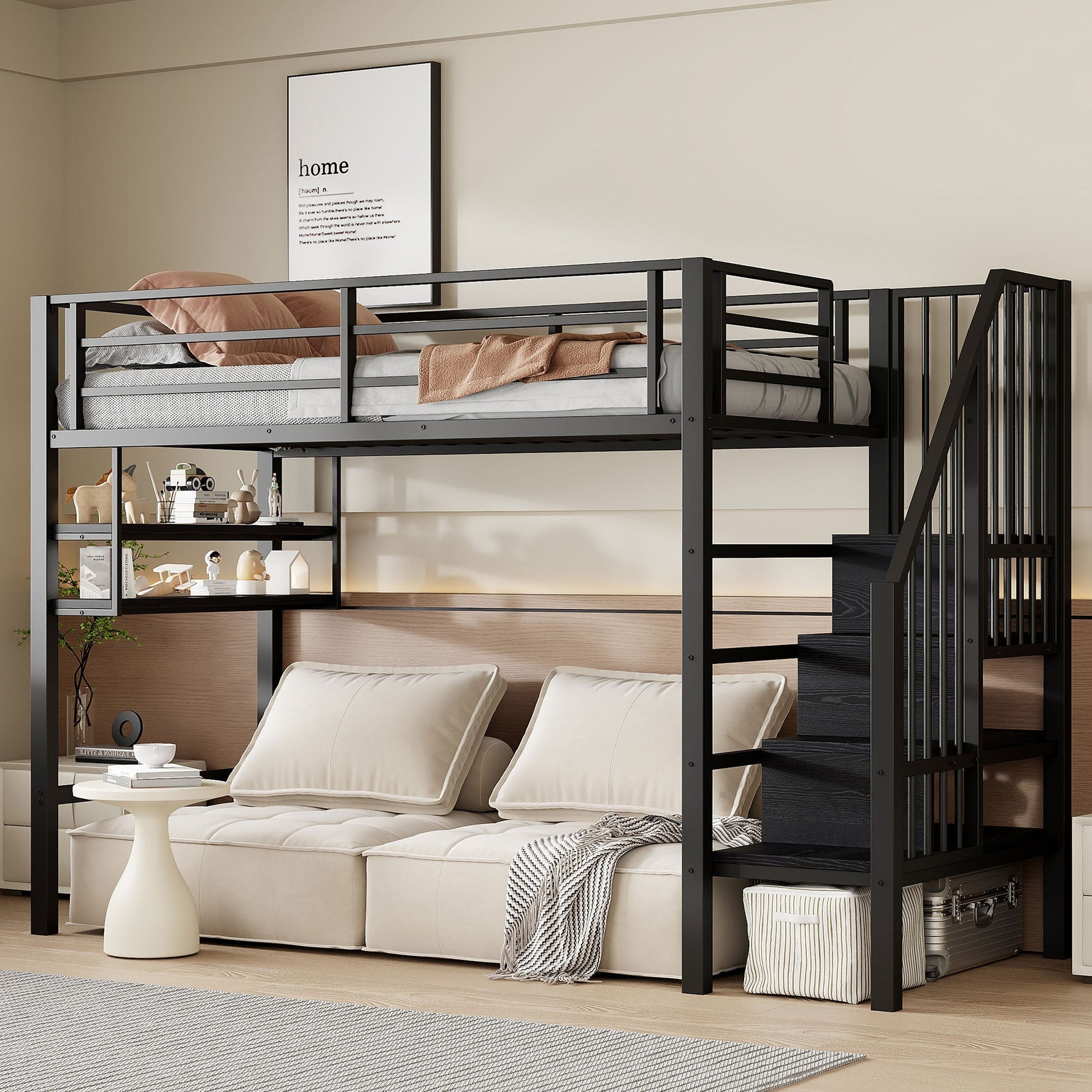 Loft Bed 90x200cm Storage Ladder Shelves Railing - Black