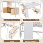 Loft Bed with Desk, LED Lights, Storage and USB Port, 140 x 200 cm, White Iron Frame