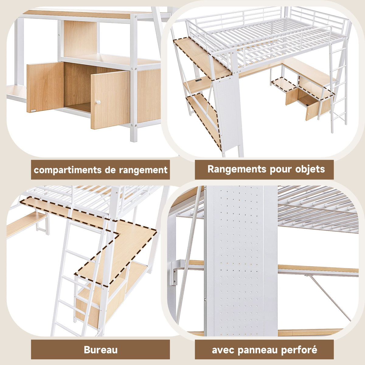 Loft Bed with Desk, LED Lights, Storage and USB Port, 140 x 200 cm, White Iron Frame