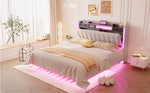 Upholstered Bed 140*200, LED, USB, Storage Headboard, Floating Design, Linen Beige