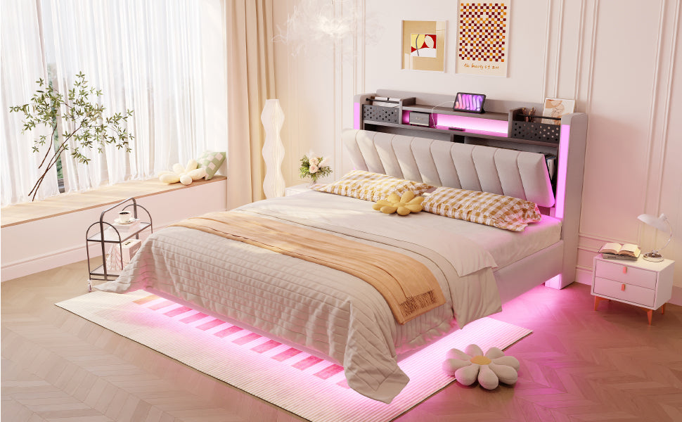 Upholstered Bed 140*200, LED, USB, Storage Headboard, Floating Design, Linen Beige