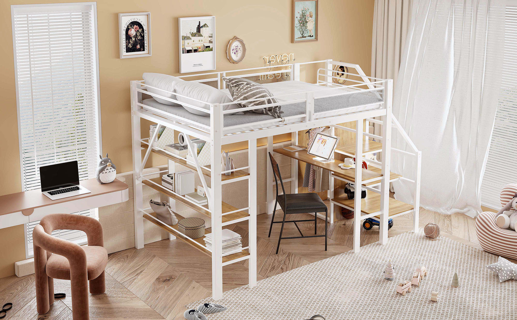 Loft Bed, 140x200cm with Storage Shelf, Desk, Wardrobe, Safety Steps, Iron, White