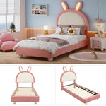 Upholstered Single Bed with Rabbit-Shaped Headboard and LED Light Strip, 90x200cm, Pink and White PU + Plywood