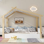 Wooden Bed, House Design Single, Pine + Chipboard + MDF, White + Natural