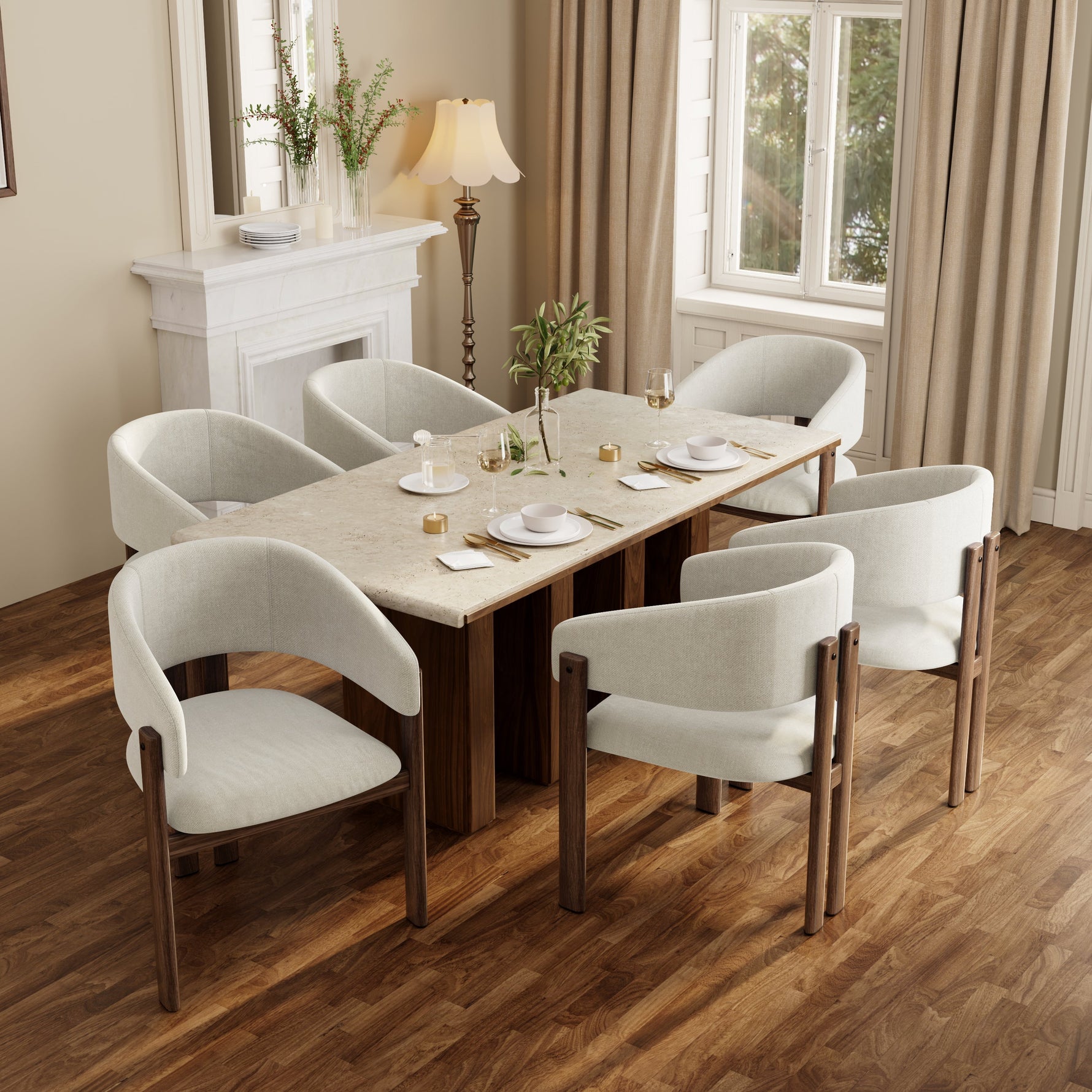 4 Metal Dining Chairs Modern Wood Look Linen Fabric Seat Walnut Color