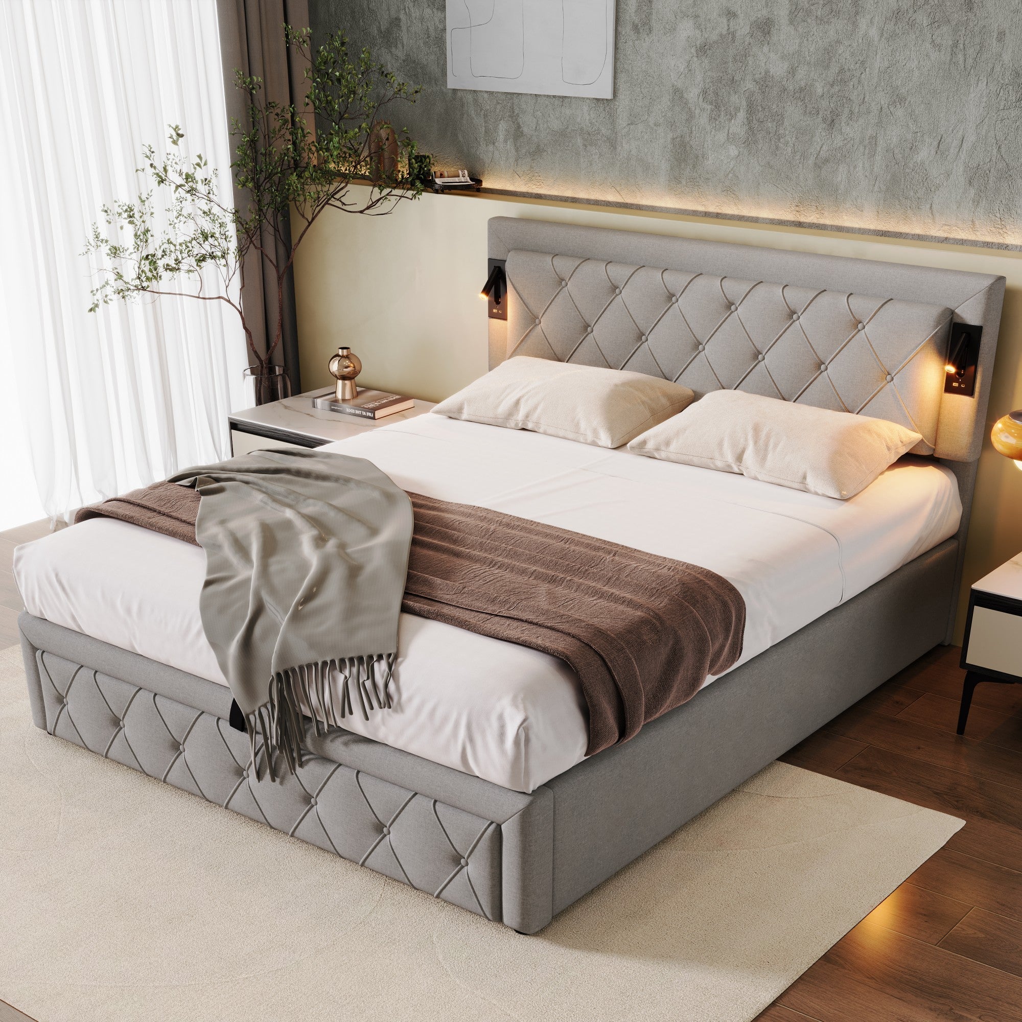 Upholstered Storage Bed with Downlight, USB Port and Slatted Base, 160x200cm, Grey Linen