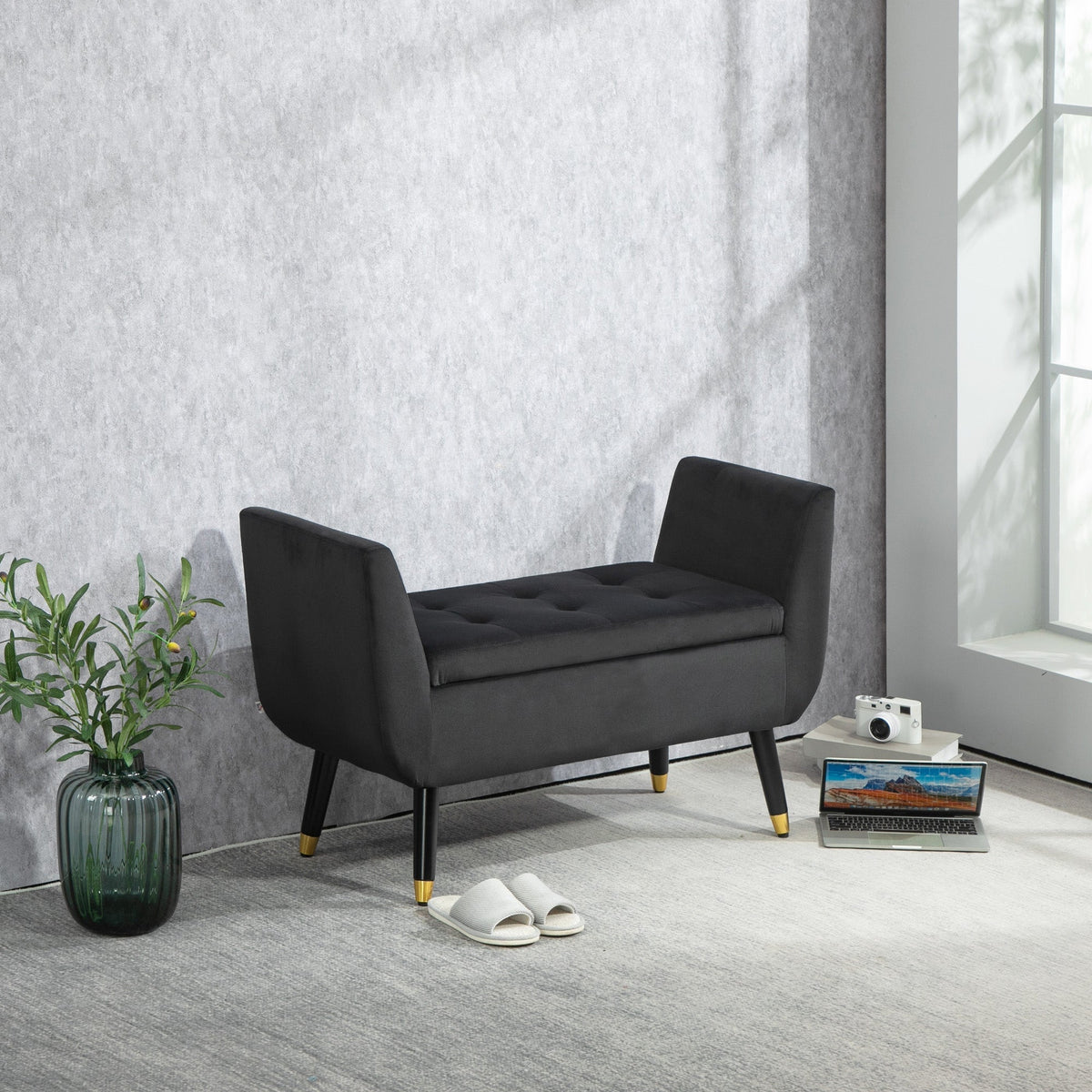 Luxury Upholstered Bench with Storage Armrests, Velvet, Dark Grey