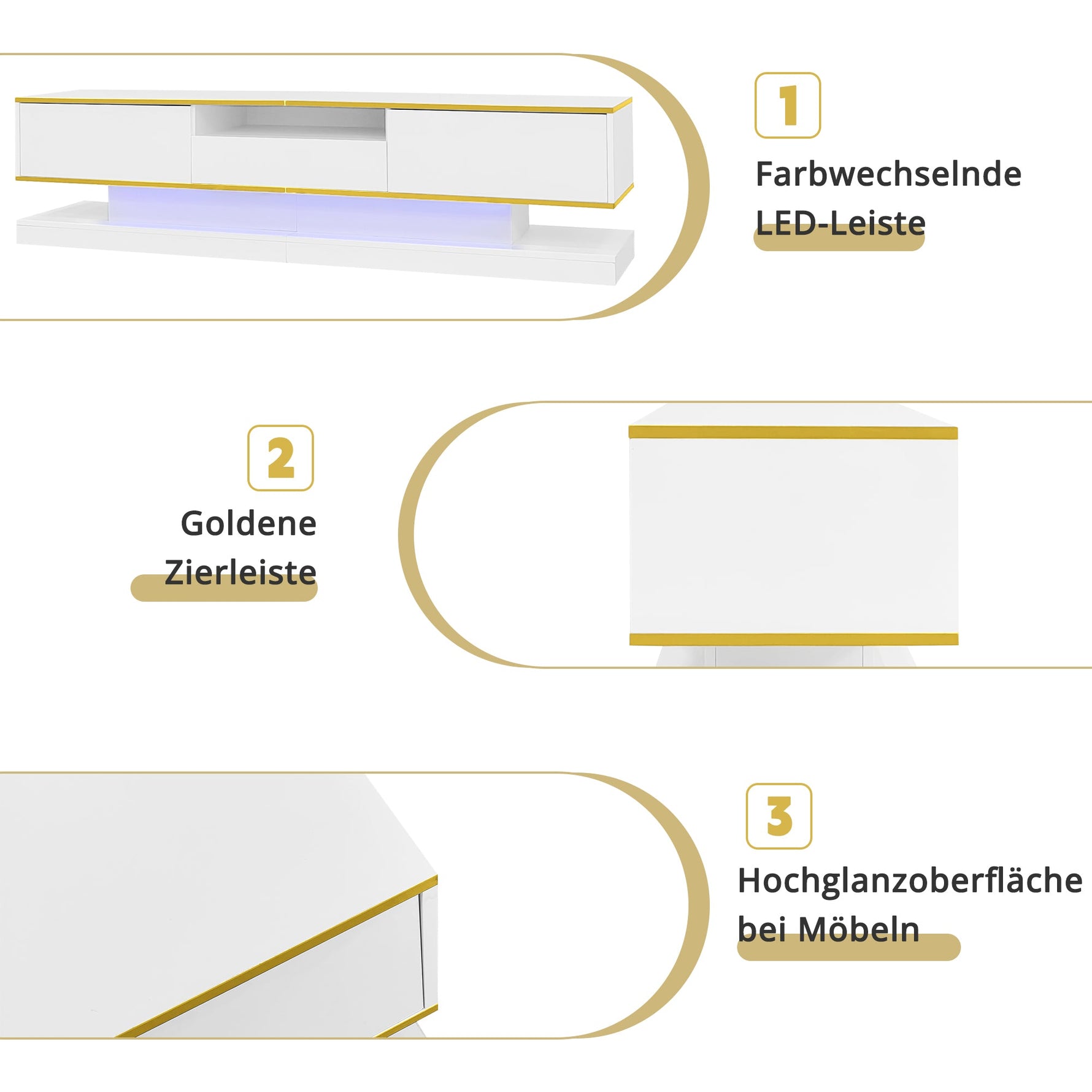 Modern TV Cabinet, 3 Drawers Open Compartment LED Lights 180x38x45cm, High Gloss