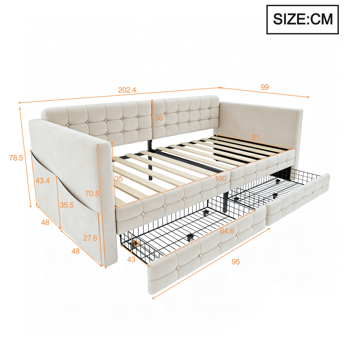 Upholstered Sofa Bed 90x190 with Storage & Drawers in Beige Velvet