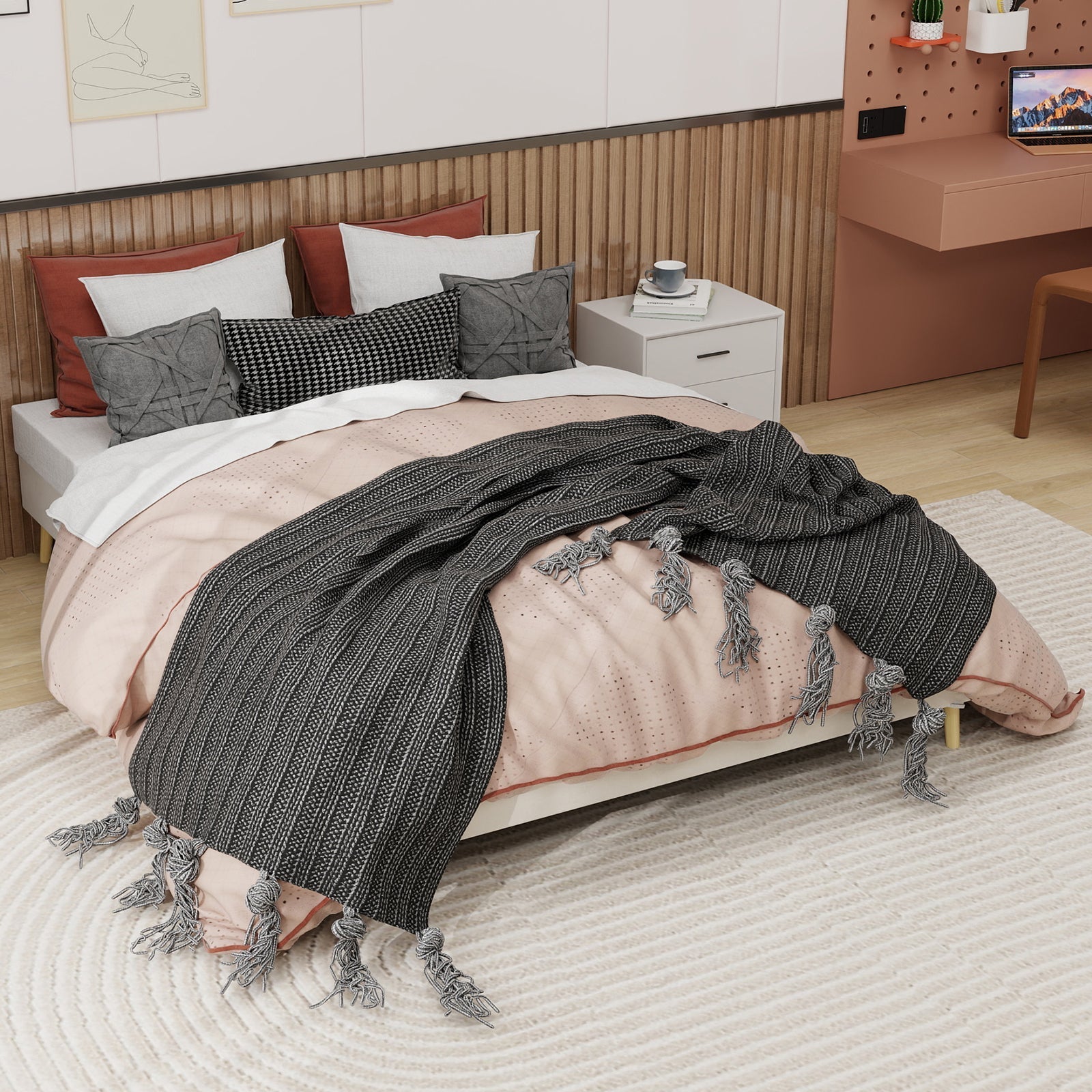 Modern Minimalist Bed Frame, Low-Profile Base 160x200 cm, Beige Dutch Velvet Fabric