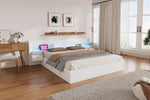 Double Bed 180x200cm LED USB App Control 2 Nightstands Storage - White Wood