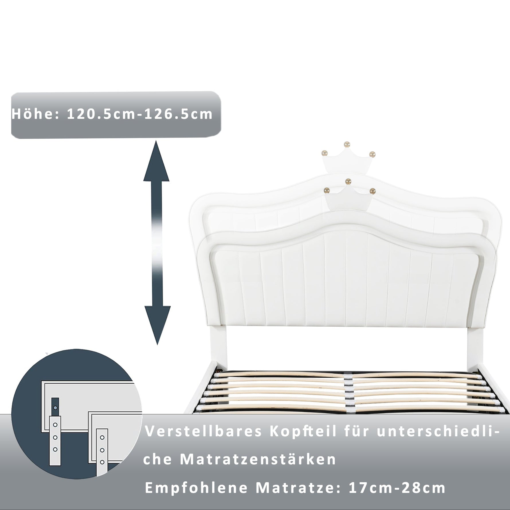 Children's Bed, Upholstered Hydraulic Storage with LED Lights, White PU Leather