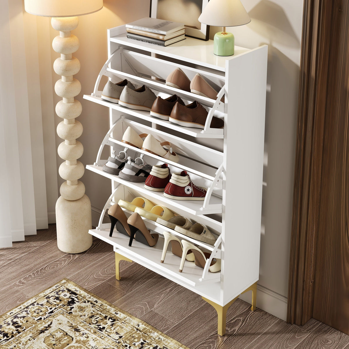 Modern Shoe Cabinet, 3-Tier Storage Metal Feet Entryway, White